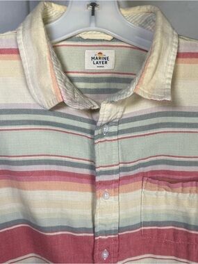 Marine Layer Men’s Striped Short-Sleeve Selvage Button-Up Shirt Faded Rainbow M